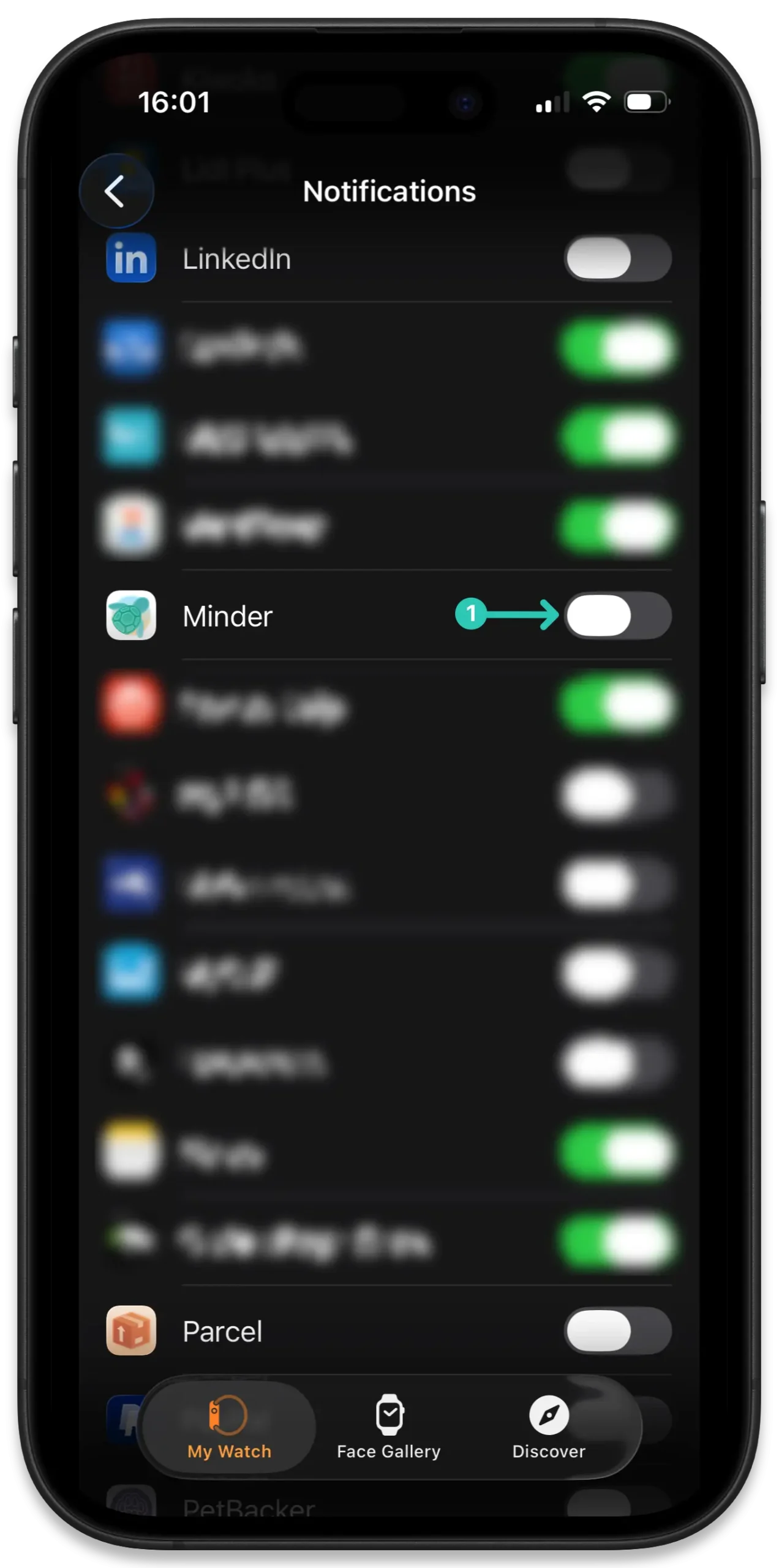 Watch Notifications Screen showing the Minder app disabled user "Mirror iPhone Alerts From"