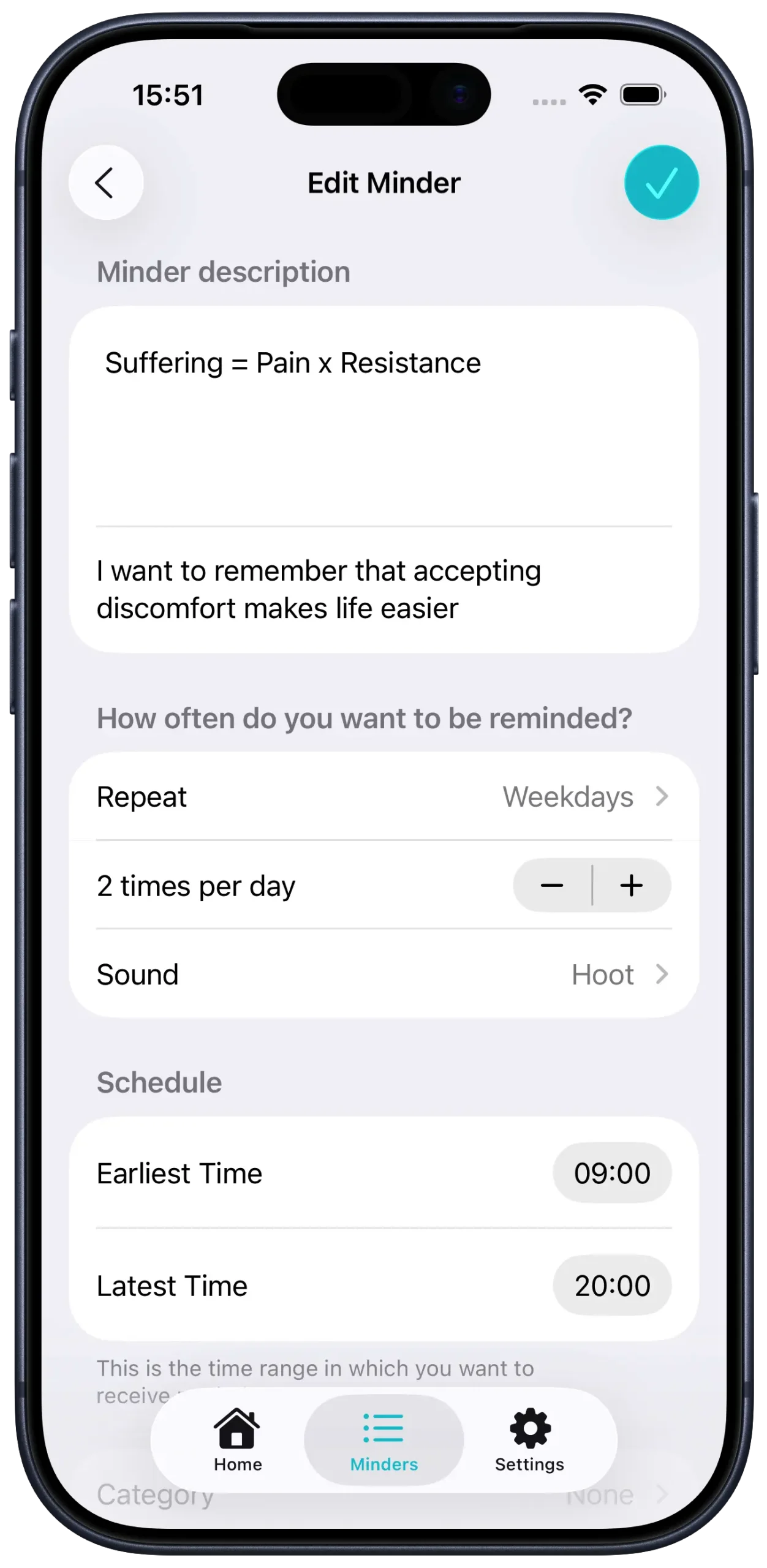 iPhone 17 Pro device frame showing the Minder Mindful Random Reminder editor