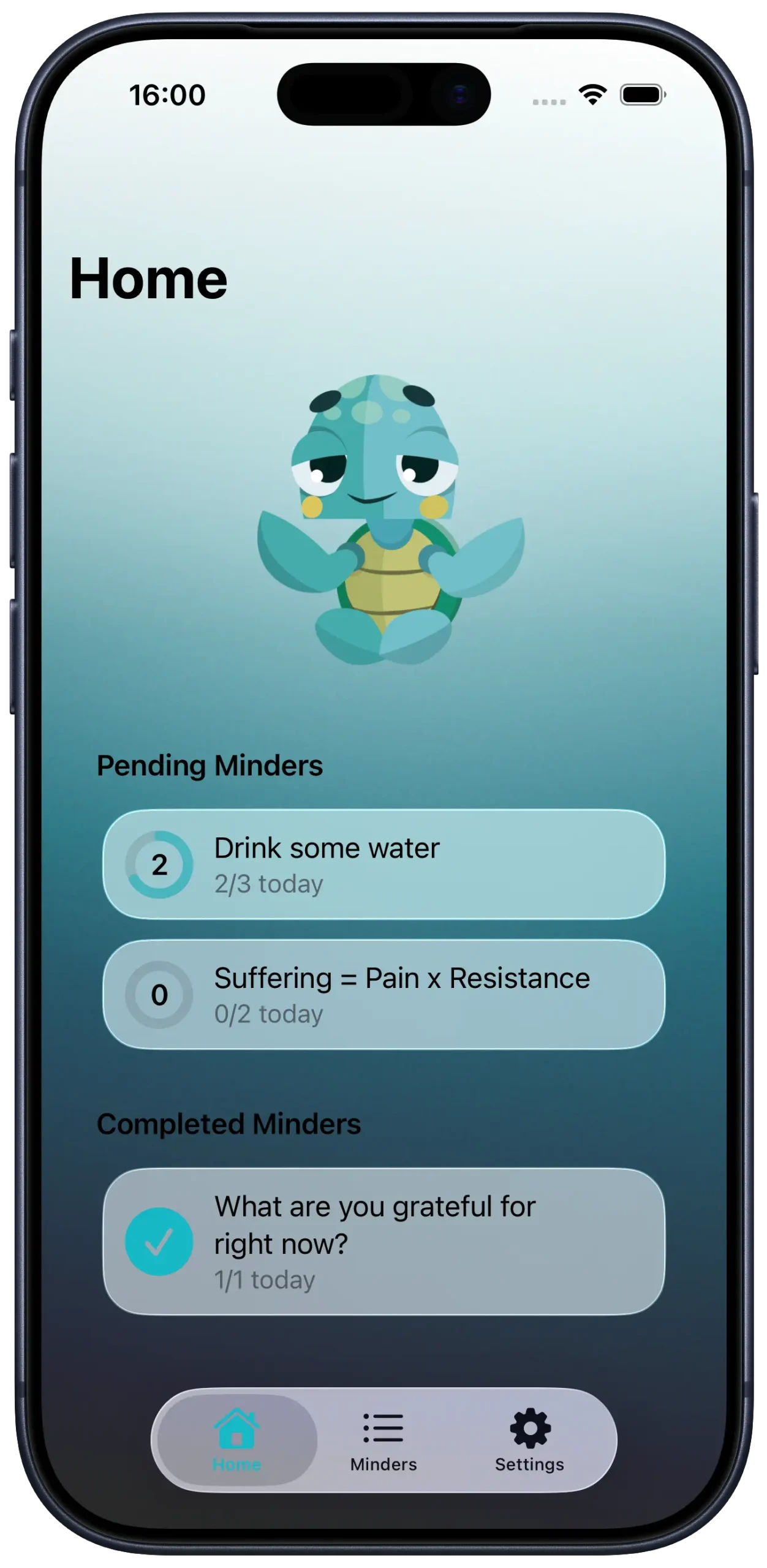 iPhone 17 Pro device frame showing the last step of the Minder Mindful Random Reminder Home tab with three minders
