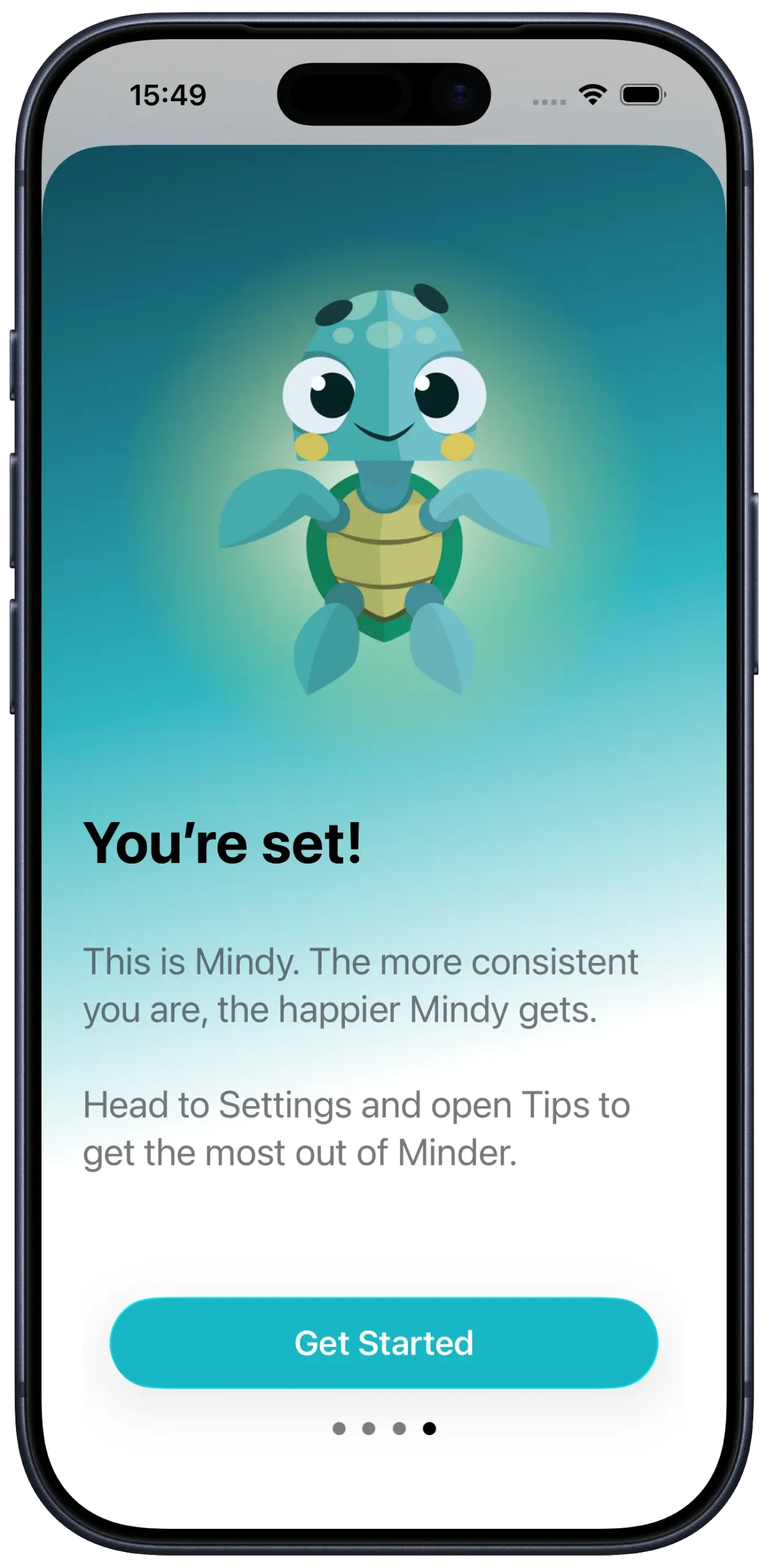iPhone 17 Pro device frame showing the last step of the Minder Mindful Random Reminder onboarding